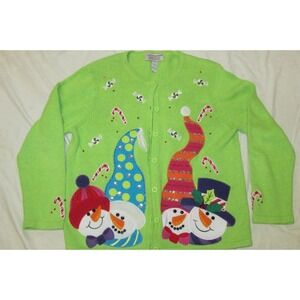Tiara Sweater XL light green button down cardigan snowmen candy sequins gems